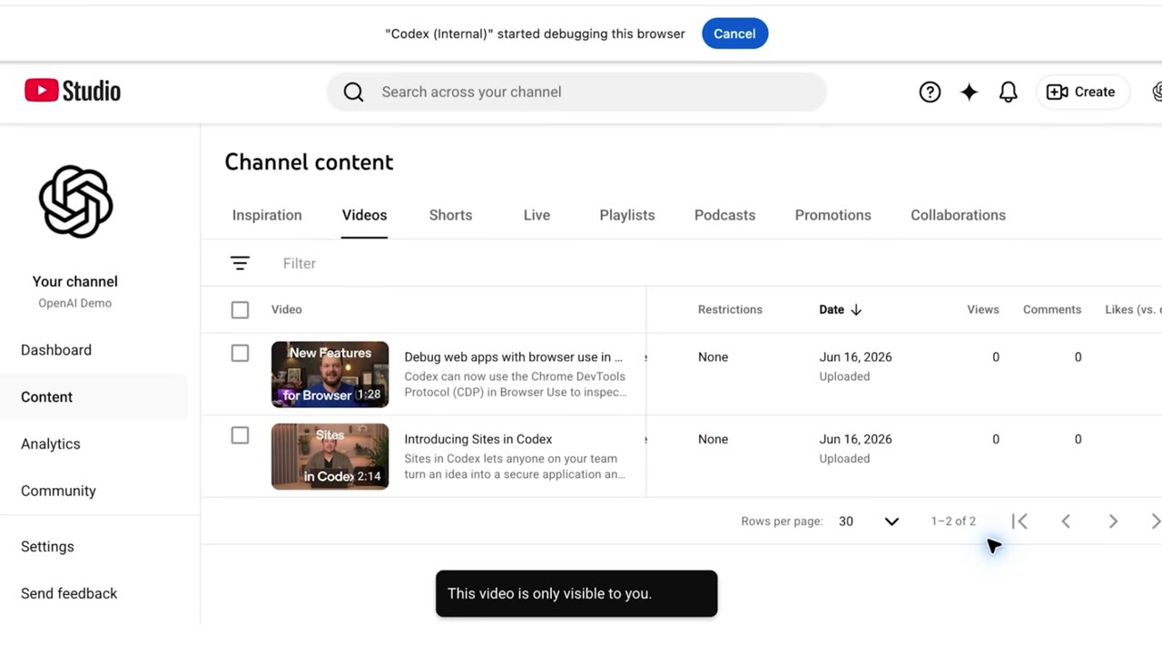 Codex driving a YouTube upload on its own after replaying the recorded skill