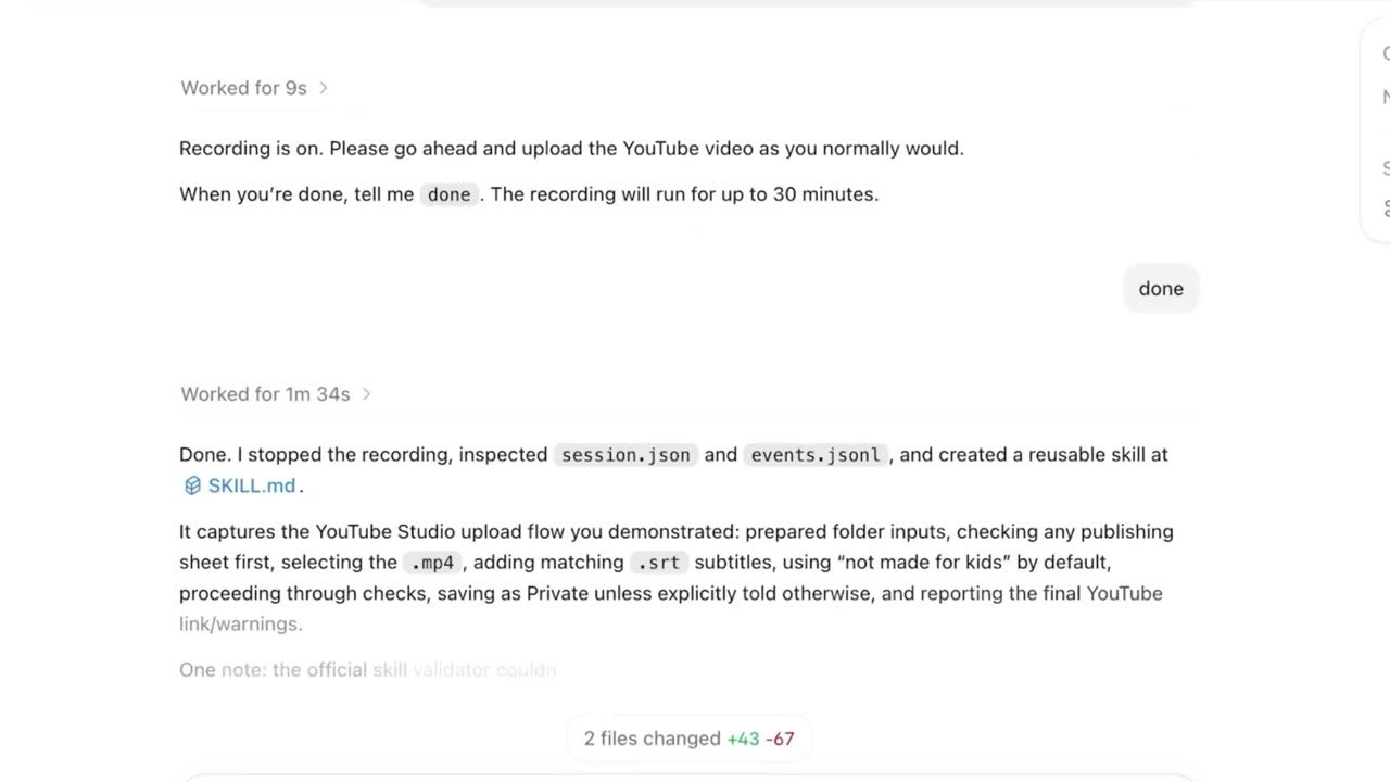 Codex reports it stopped the recording and saved a reusable skill as SKILL.md